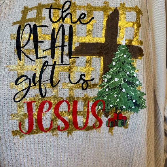 CHRISTMAS *THE REAL GIFT IS JESUS* CREAM WAFFLE KNIT TOP PLUS: 26/28 #9 - Picture 5 of 6